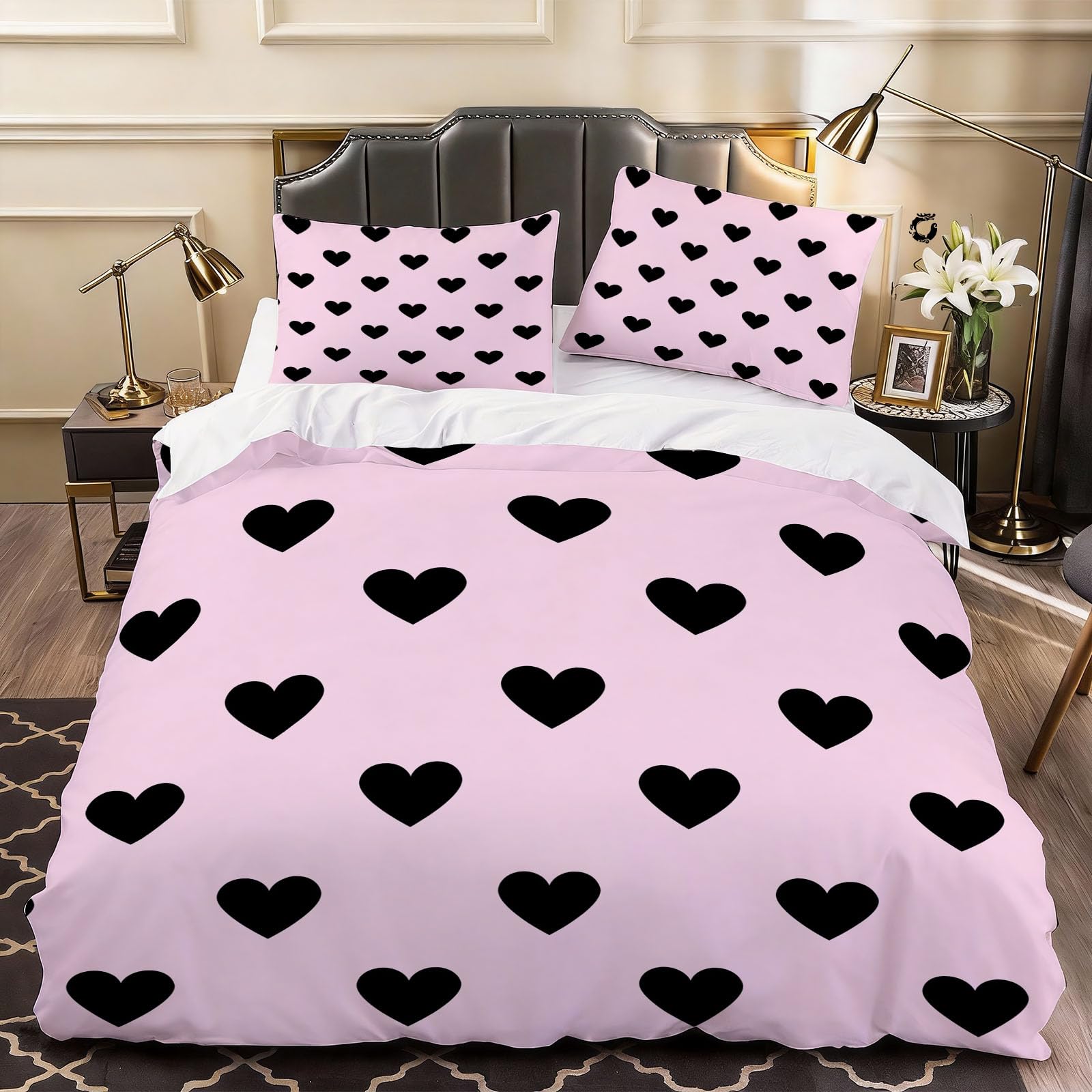 3D Hearts Duvet Cover Cartoon Bedding Double Bed Set, Soft Microfiber Comforter Cover Printed with Zipper Closure Quilt Coverr 200x200 cm and 2 Pillowcases