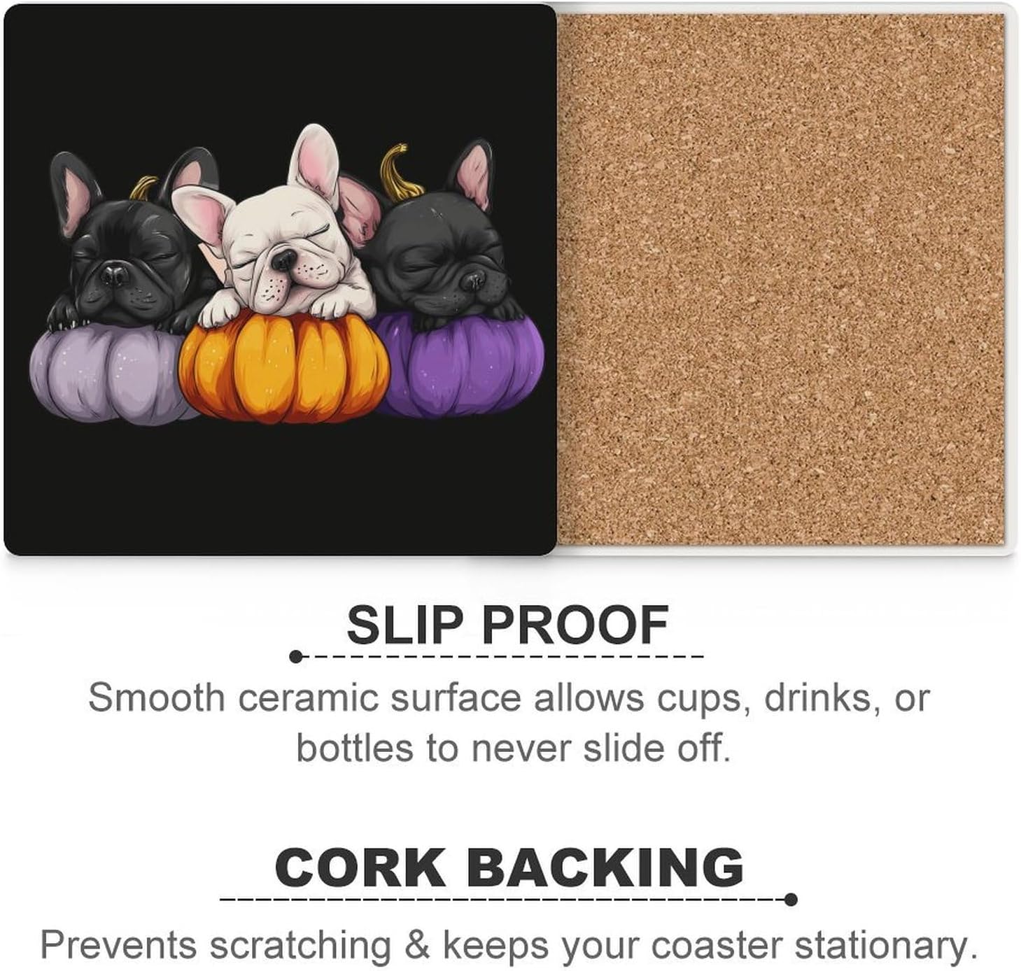 French Bulldog Pumpkin Coaster for Drinks Square Ceramic Table Coasters Stone Mat Crafts 4PCS Home Kitchen Decor
