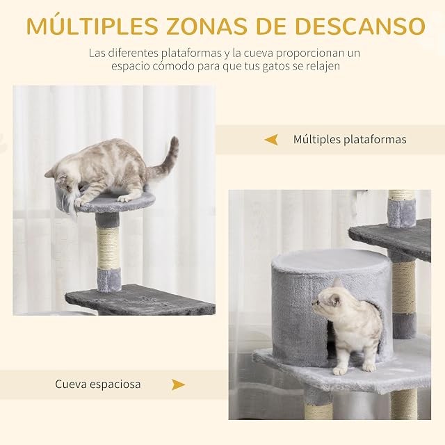 Foto 5 de 8 de PawHut Árbol para Gatos Rascador Grande con Plataformas Casetas Ratón de Juego 100cm Tablero de partículas…