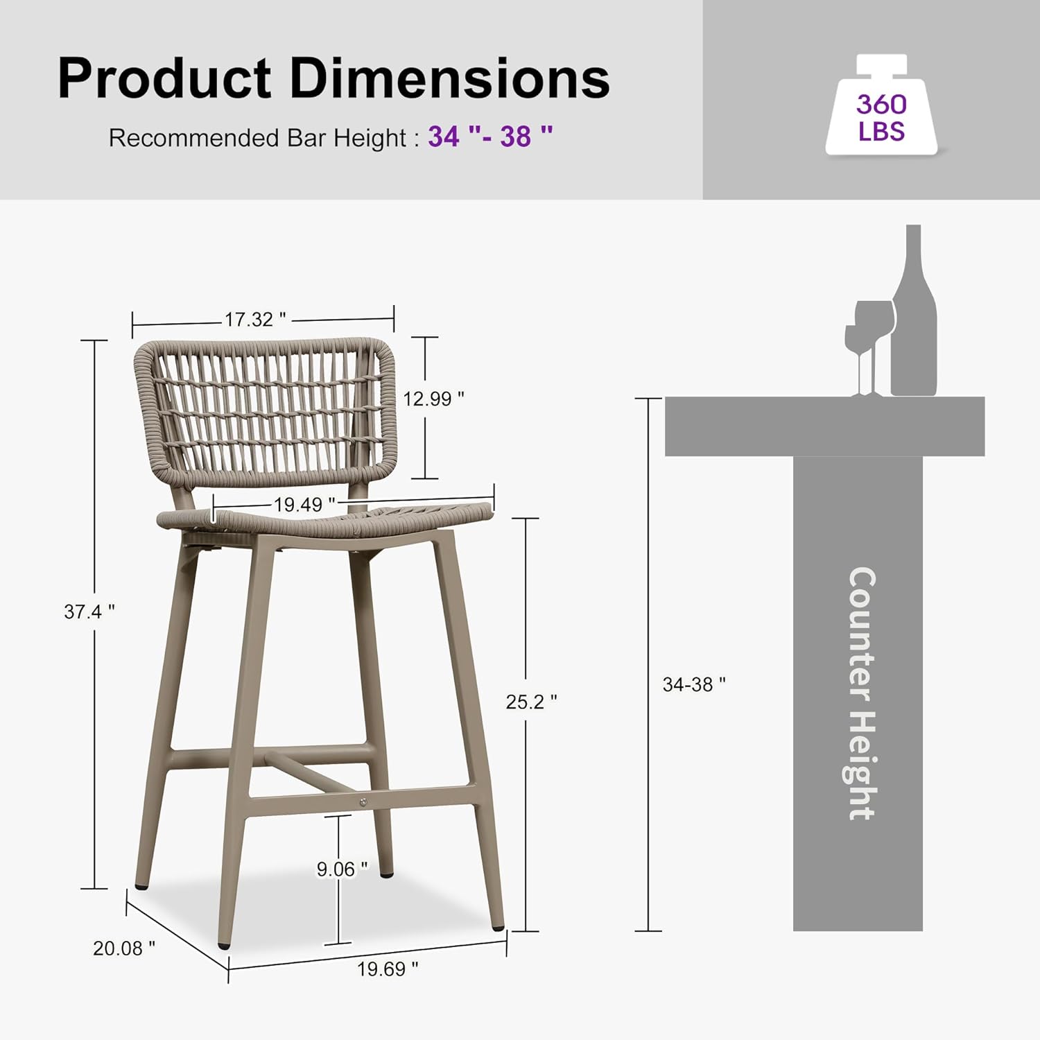 PURPLE LEAF Patio Counter Height Bar Stools Set of 2 Metal Bar Chairs with Back Wicker Woven Stools for Kitchen Island Pool Garden Outdoor Barstools Champagne