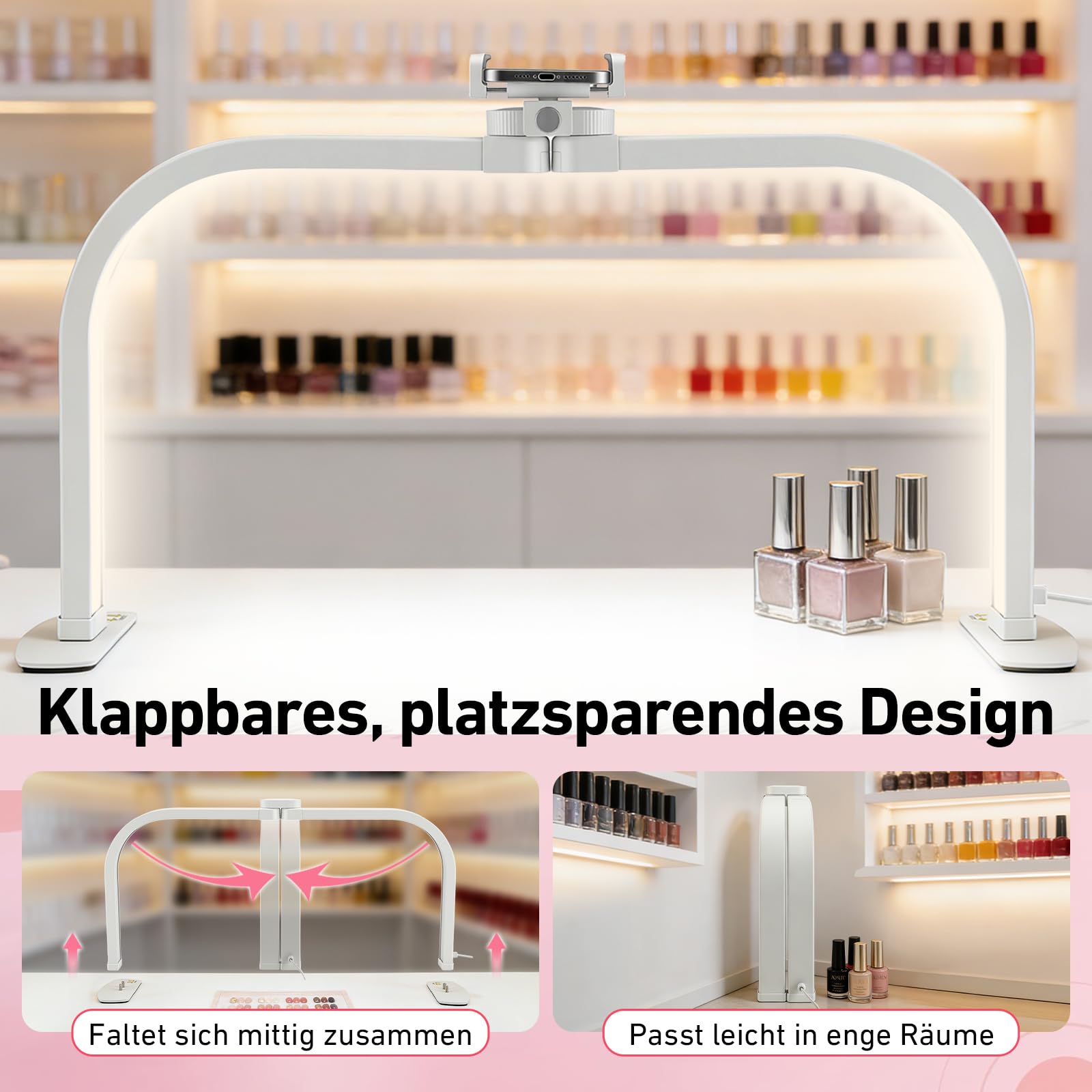 Halbmond Lampe Desktop, 70cm/27.5" Extra Groß Faltbare LED Halbmondlampe mit Handyhalter für Nagel Schreibtisch 3 Farbmodi 10 Helligkeiten Einstellbar Nageltisch Lampe für Schönheit, Wimpern, Tattoo