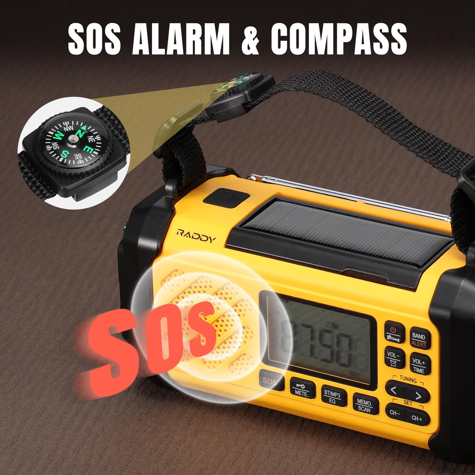 Raddy SH-906 Radio awaryjne, przenośne radio z korbą ręczną na energię słoneczną, AM/FM/SW/VHF, latarka do czytania, SOS, kompas, ładowarka do telefonu