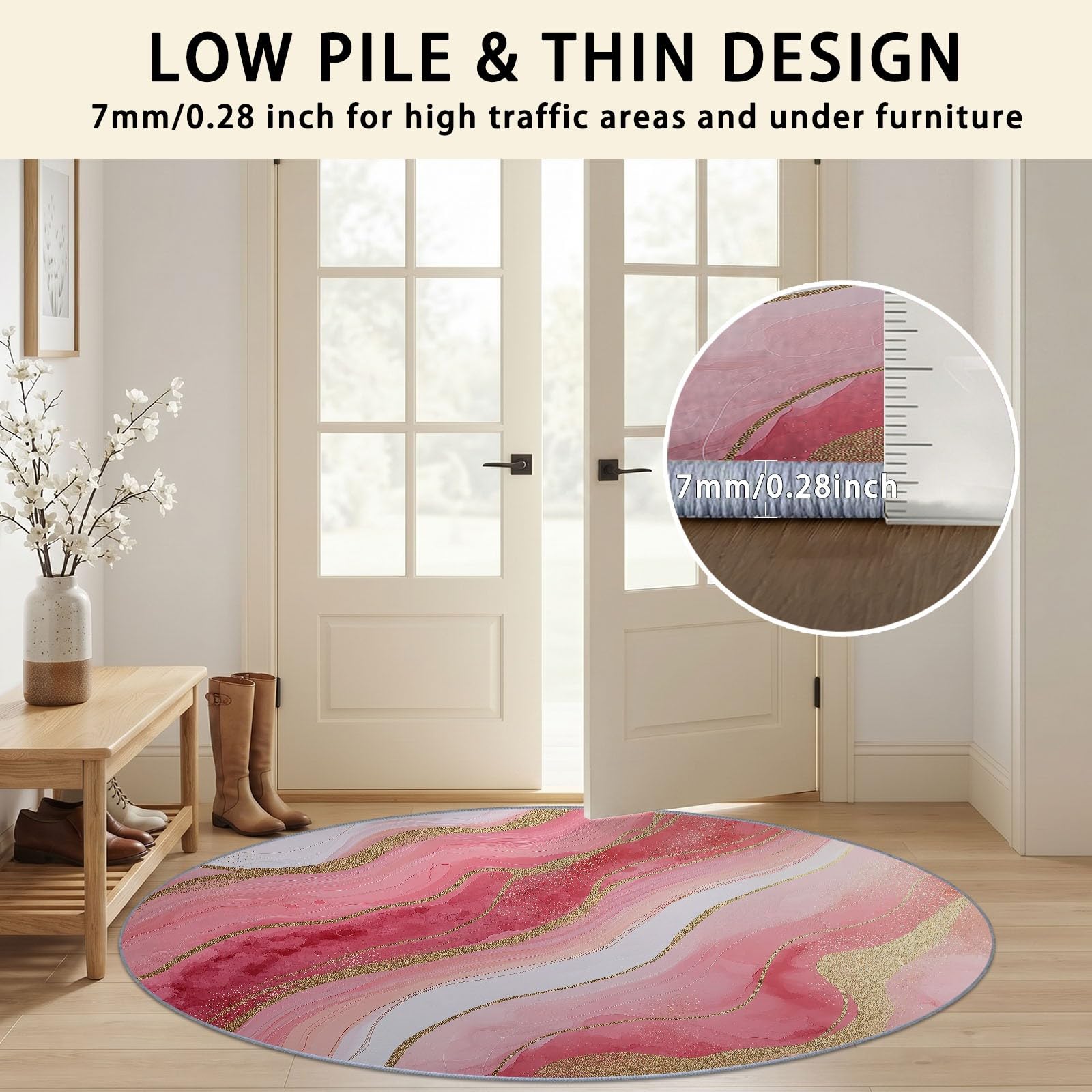 Tapis Rond Salon Minimaliste Aquarelle Lavable en Machine 160 cm Rose