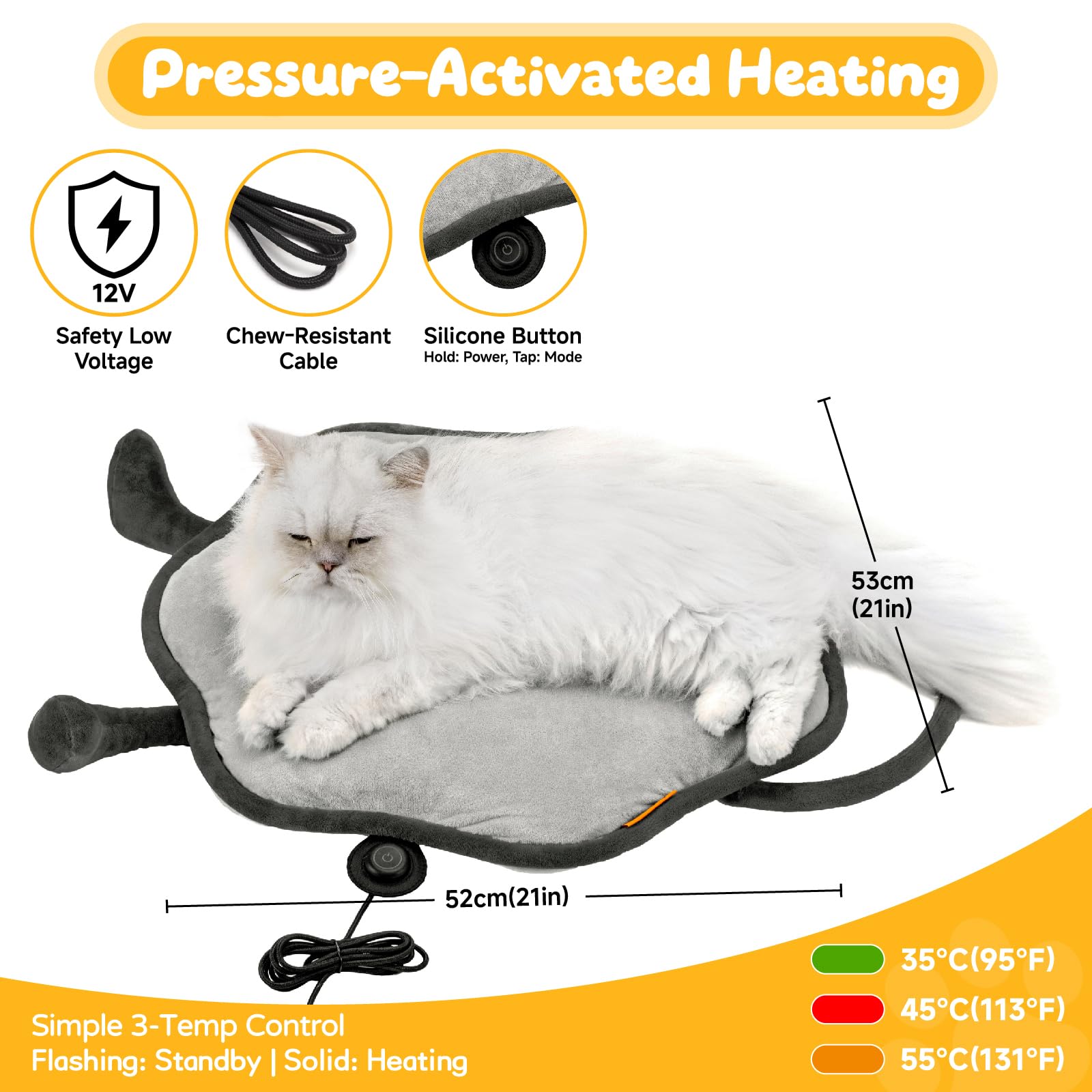 Tapis chauffant électrique pour chat d'intérieur avec housse amovible - Température réglable - Gris tournesol - 55,9 x 55,9 cm