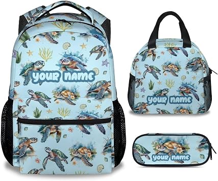 Custom Sea Turtle Girls Backpack with Lunch Box Set - 3 in 1 School Backpacks Matching Combo - Cute Blue Bookbag and Pencil Case Bundle