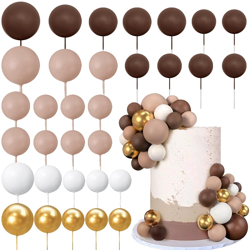 32 PCS Ball Cake Picks Colorful Ball Shaped Cake Topper Pearl Balls Cupcake Cake Insert Topper for Birthday Party Decoration Supplies Dark Brown Light Brown White Gold