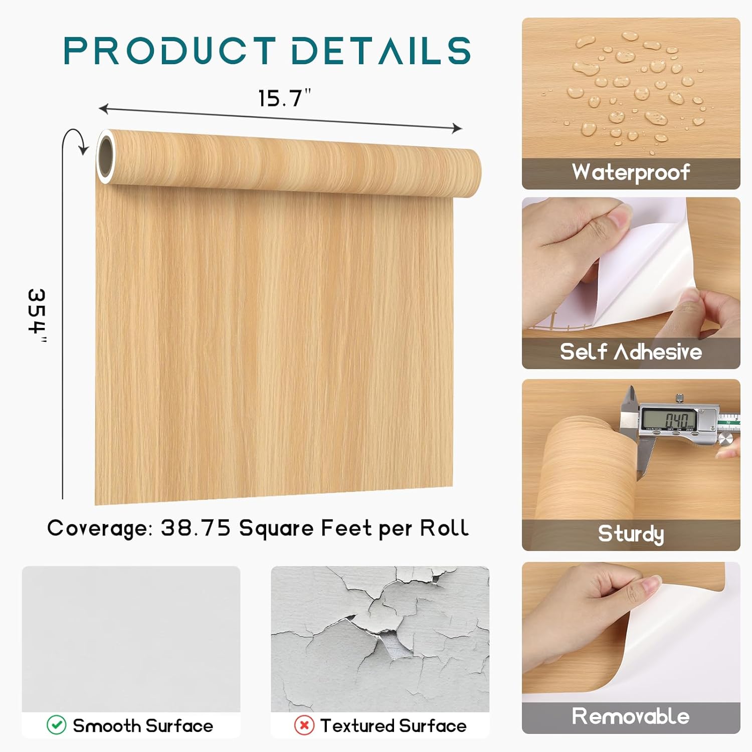 VEELIKE Natural Beech Wood Contact Paper for Countertops Wood Peel and Stick Wallpaper Waterproof Countertop Contact Paper 15.7''x354'' Self Adhesive Thick Woodgrain Cabinets Vinyl Wrap for Kitchen