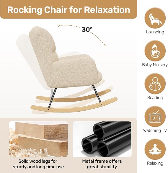 Hawthyhome Upholstered Rocking Chair for Adults, High Back, Beige