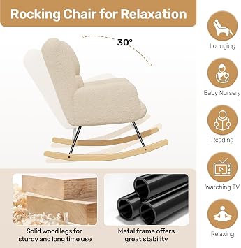 Hawthyhome Upholstered Rocking Chair for Adults, High Back, Beige