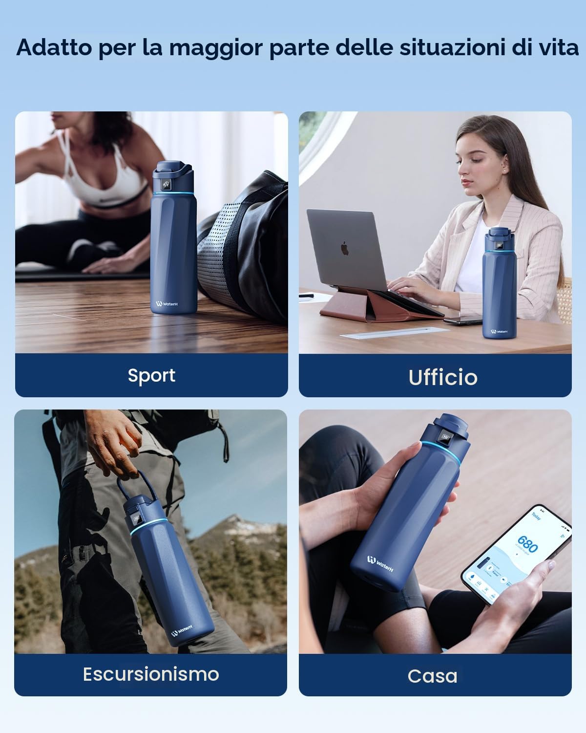 WATERH BOOST - Borraccia intelligente con promemoria idratazione e tracker, borraccia termica sottovuoto in acciaio inox, senza BPA, apertura larga, ideale per palestra, scuola, ufficio, 946 ml Blu