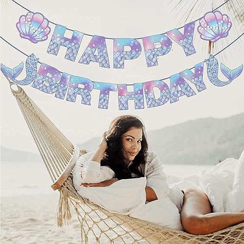 Miniatura 4 de Cartel de cumpleaños de sirena – Cartel de sirenas, decoración de cumpleaños de sirena para niñas, niños, niños, suministros de fiesta de sirenas