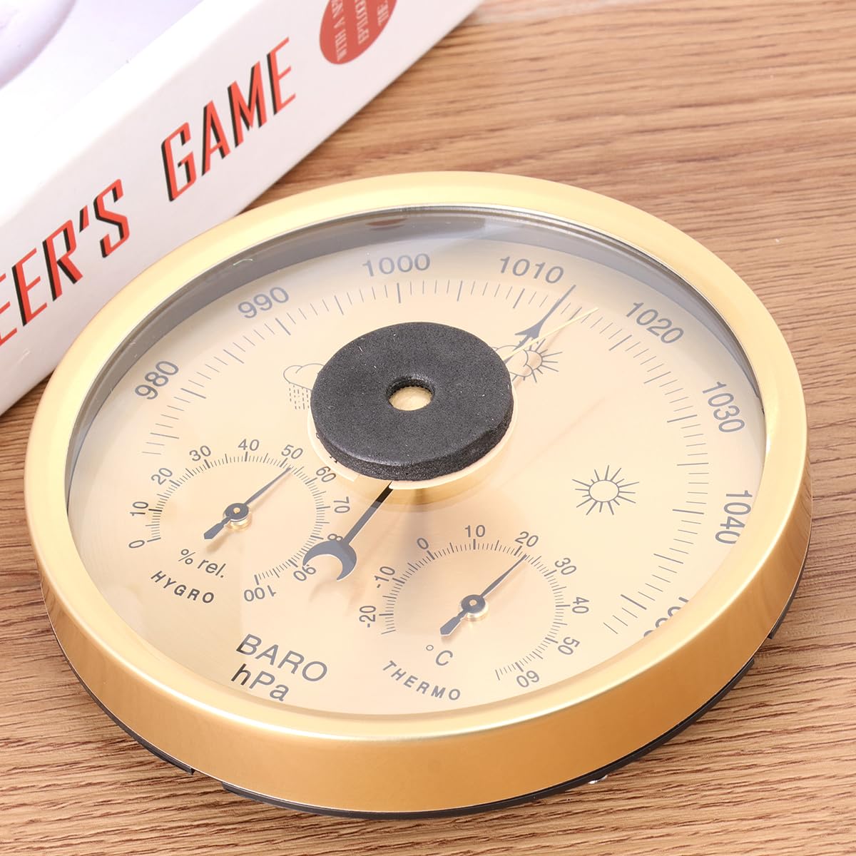 Yardwe 3 in 1 Barometer Weather Station with Thermometer and Hygrometer, Stainless Steel Frame for Indoor and Outdoor Use, Golden Finish, 5.19 Inch Diameter