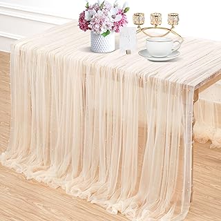 LuoluoHouse Pearl Table Runner Wedding Decorations: 3 Pieces 10ft Champagne Table Cloth Decor Tulle Lace Fabric for Bridal Veil Wedding Arch Party Sweetheart Table Decor 60x120 Inch