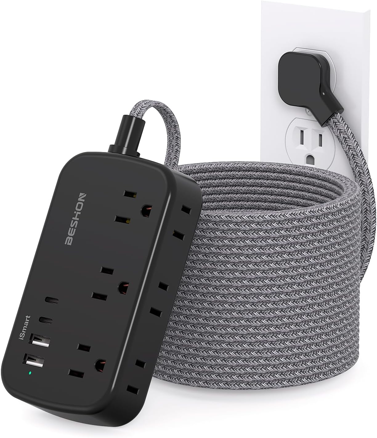Extension Cord 25 Ft, Flat Plug Power Strip with 6 Outlets with 4 USB Ports(2 USB C), Wall Mount Charging Station, No Surge Protector for Home Office College Dorm Room Travel Essentials