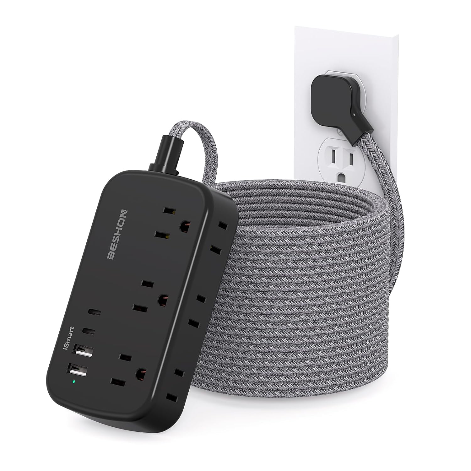 Extension Cord 25 Ft BESHON Flat Plug Power Strip with 6 Outlets with 4 USB Ports 2 USB