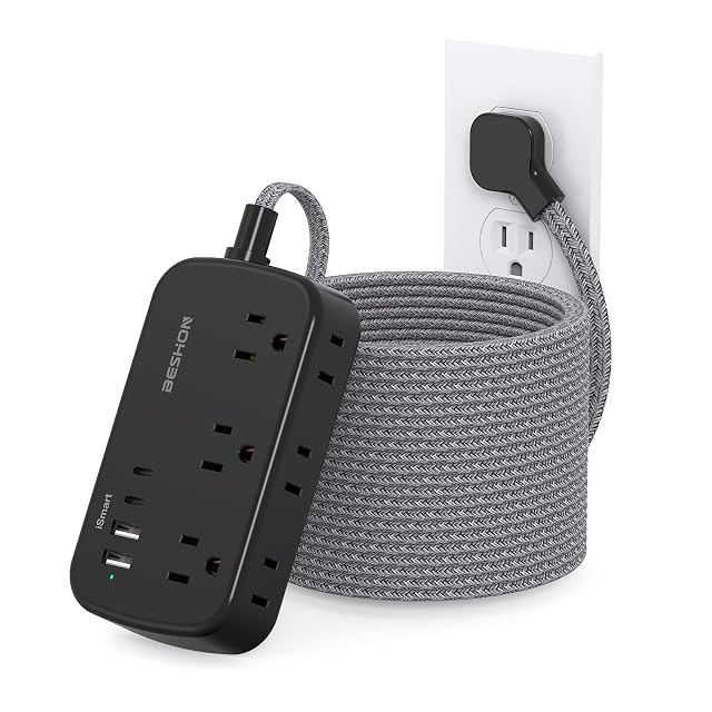 Extension Cord 25 Ft BESHON Flat Plug Power Strip with 6 Outlets with 4 USB Ports 2 USB