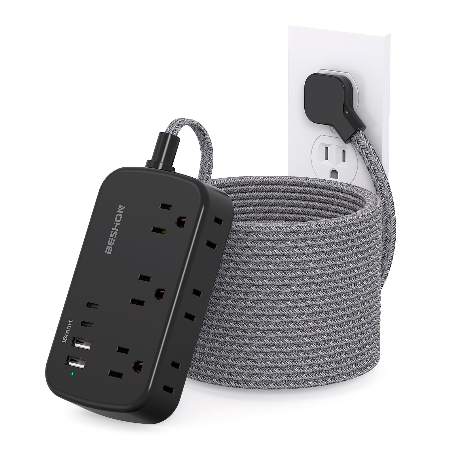 Extension Cord 25 Ft BESHON Flat Plug Power Strip with 6 Outlets with 4 USB Ports 2 USB