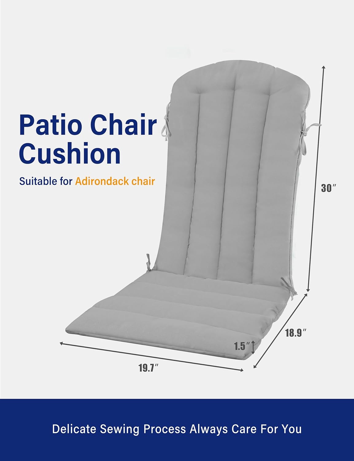 YEFU Adirondack Chair Cushion, Thin Rocking Chair Cushions with Straps Set of 2, Folding Patio Chair Pad for Indoor and Outdoor, 19.7x18.9x1.5 Inch, Gray