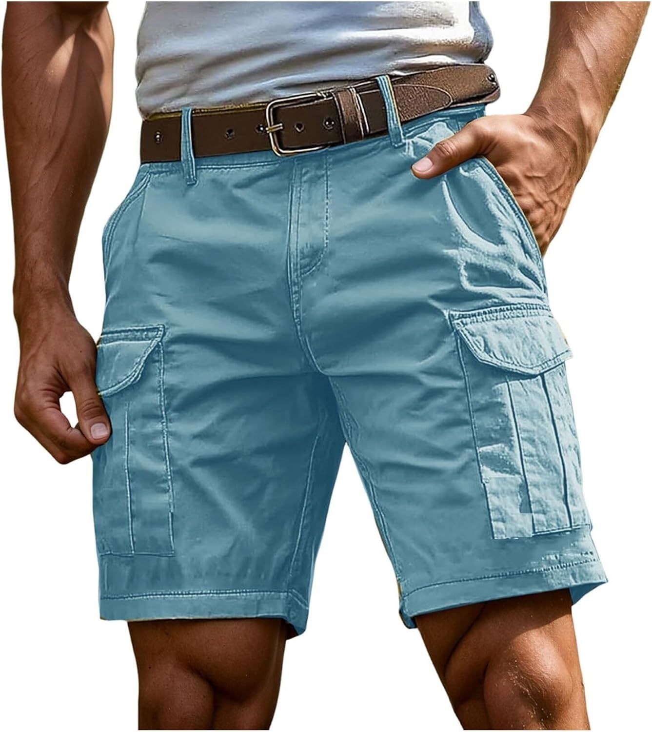 Mens Cargo Shorts With Pockets, Streetwear Elastic Hiking Cargo Shorts | Lounge training trousers over the knee with pockets, for dressing, solid baggy outfits, casual workout