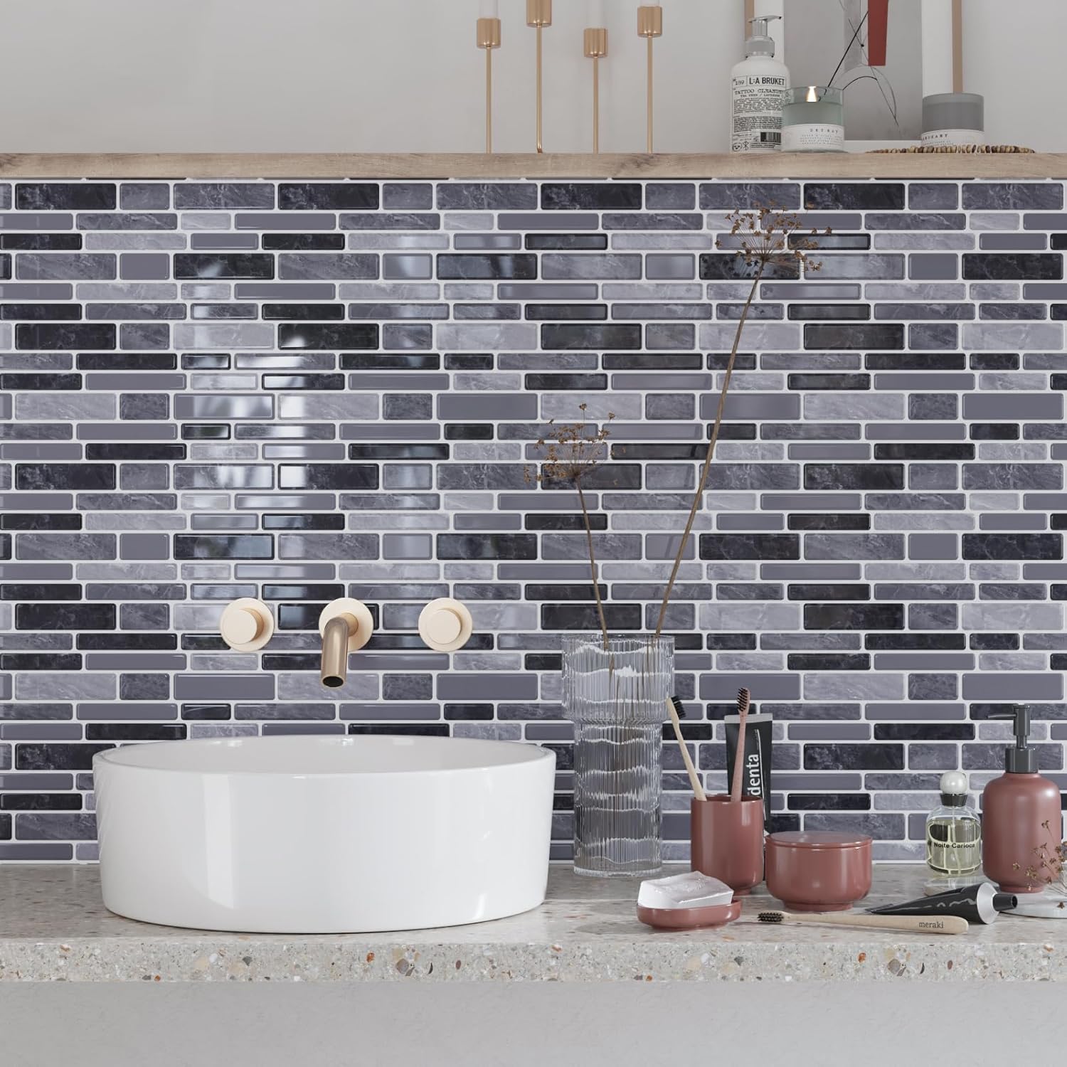 CRE8TIVE 16 Sheets Grey Peel and Stick Tiles for Kitchen Wall Tile Waterproof Bathroom Backsplash Stick on Tile Marble Brick Adhesive Removable Backsplash for Renters Shower Walls Fireplace 12"x12"