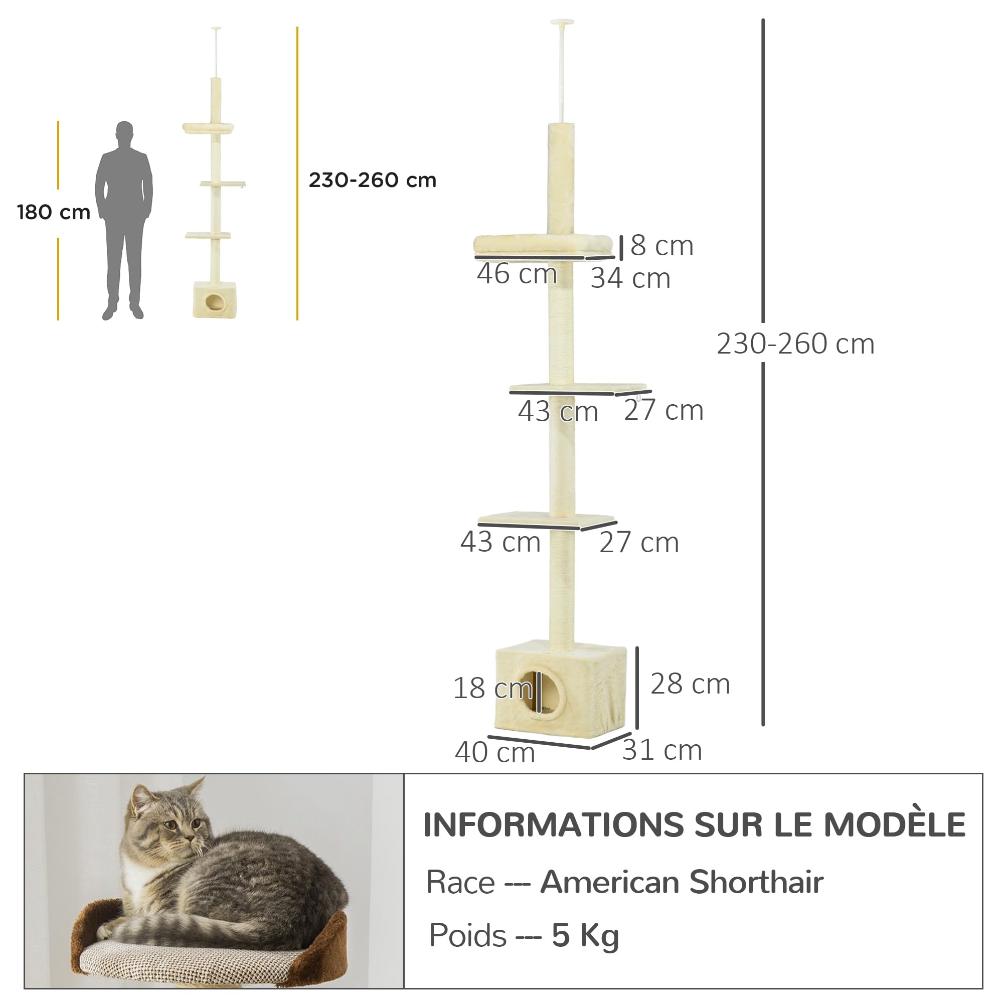 PawHut Arbre à Chat Hauteur réglable de 230 à 260 cm Tour de Jeux pour Chat Poteau à griffer 4 Niveaux d'activités avec Niche Peluche Beige