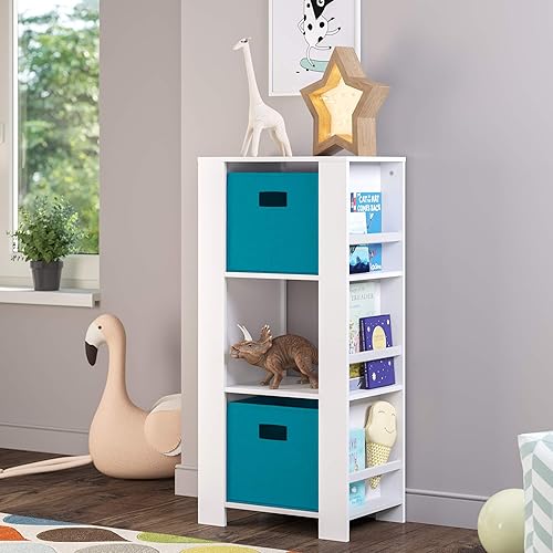 Miniatura 2 de RiverRidge Book-Nook Tower - Estantería para niños y organizador de almacenamiento de juguetes con 3 cubículos, 2 cubos de almacenamiento plegables