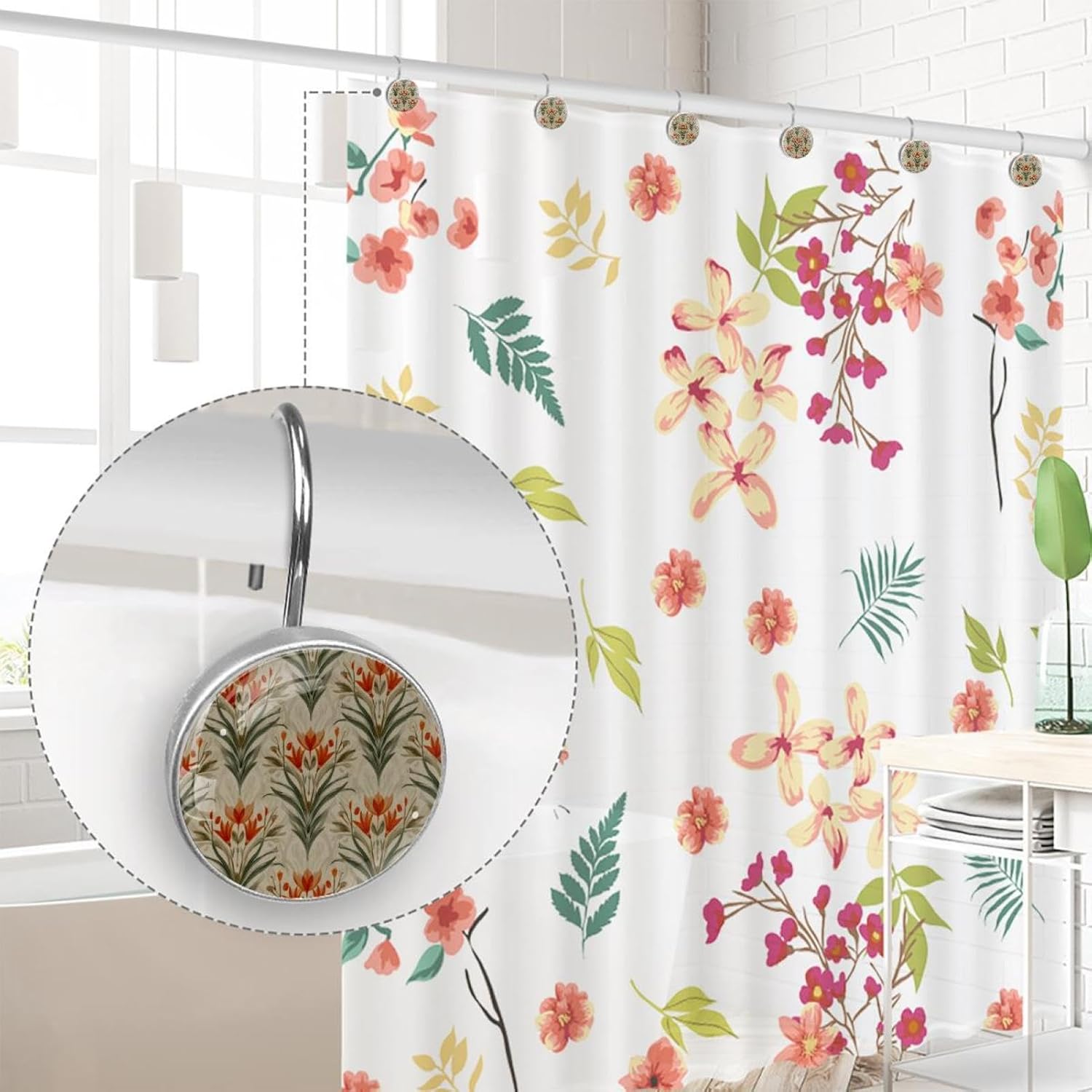 Art Deco Tropical Floral Round Crystal Glass Decorative Shower Curtain Hooks with 3D Pattern Visual, Rust Proof Shower Curtain Rings-12 Pack
