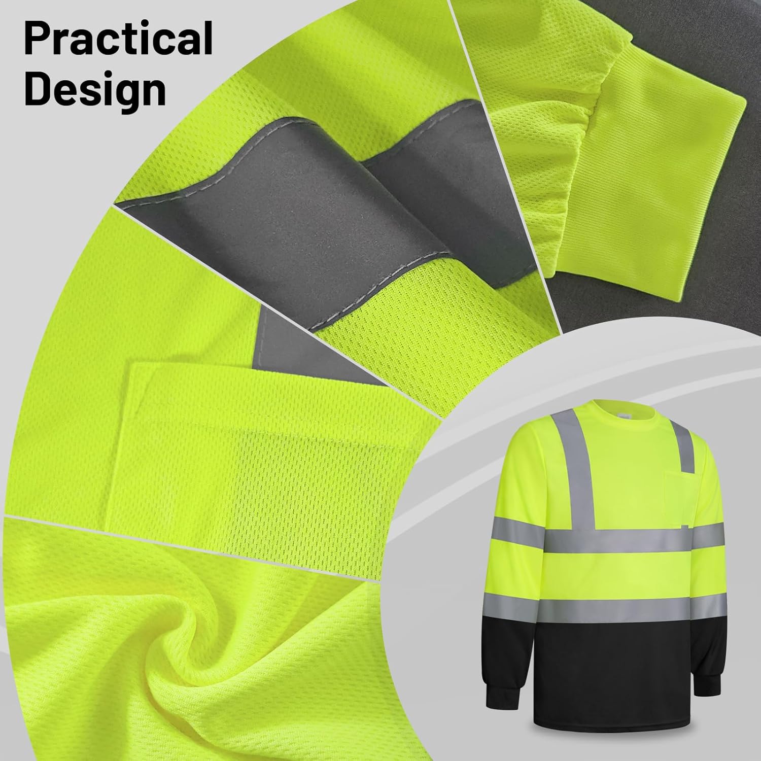 Hi Vis Shirts for Men, High Visibility Shirt, Safety Reflective Work Shirts for Men Women, Construction Class 3 Long Sleeve Work Apparel with Black Bottom, Yellow-Black,XL - Image 4
