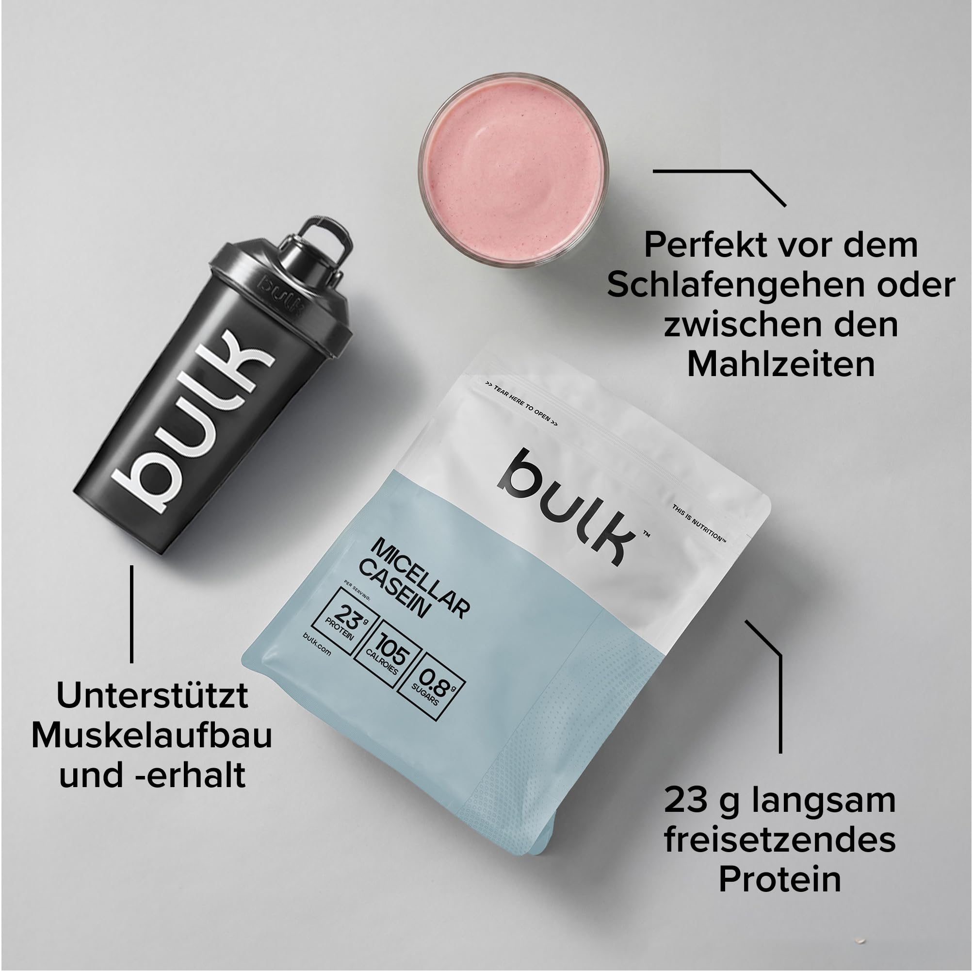 Bulk Mizellares Kasein, Protein-Shake, Casein Protein Pulver, Eiweißpulver, Erdbeere, 1 kg