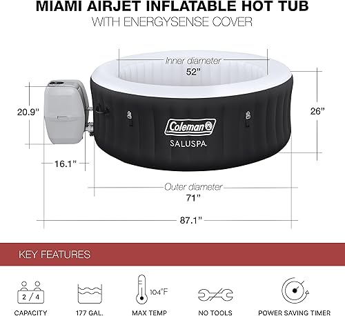 Miniatura 4 de Bestway Coleman Miami AirJet - Tina de hidromasaje inflable grande redonda para 2 a 4 personas, spa portátil al aire libre con 120 AirJets y