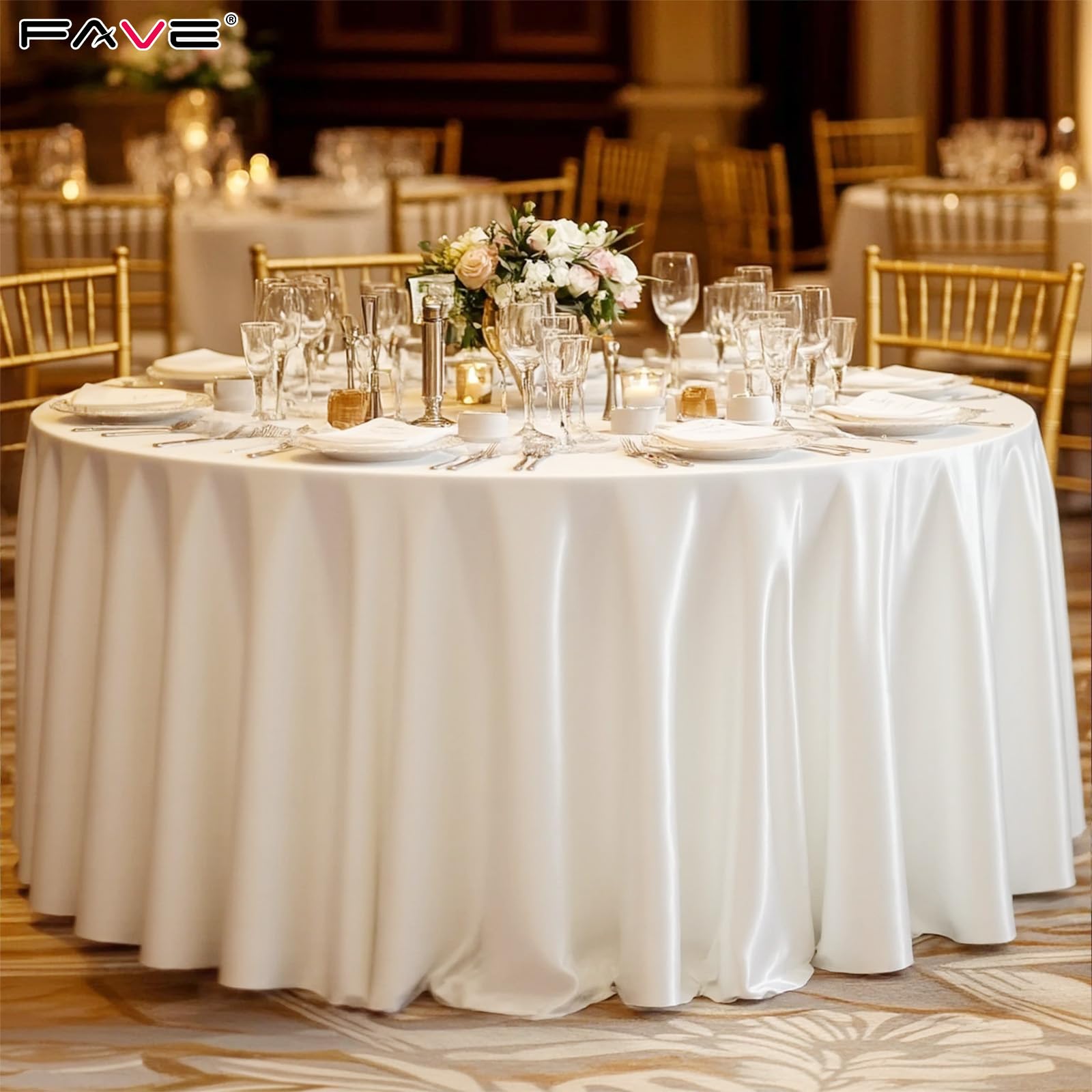 Fave Paquete de 6 Manteles Redondos de Satén Blanco 300 cm, Lavable | Manteles Elegantes de Satén Duradero para Boda, Banquete, Fiesta y Eventos Formales