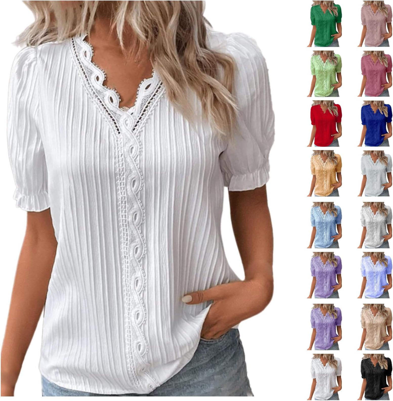 Summer Tops for Women UK Elegant T-Shirts Bubble Short Sleeve Blouses Shirts Plus Size Solid Blouse Top Ladies V Neck Dressy Casual Tunic Tee