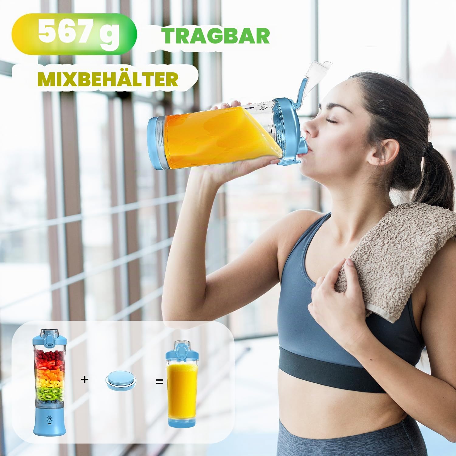 Tragbarer Mixer Smoothie Maker - 600ml Mini Standmixer to Go - 6 Klingen, Reisedeckel und Isolierte Hülle - USB Wiederaufladbar Blender Protein Shaker Bottle für Küche, Reise, Büro, Fitness, Camper