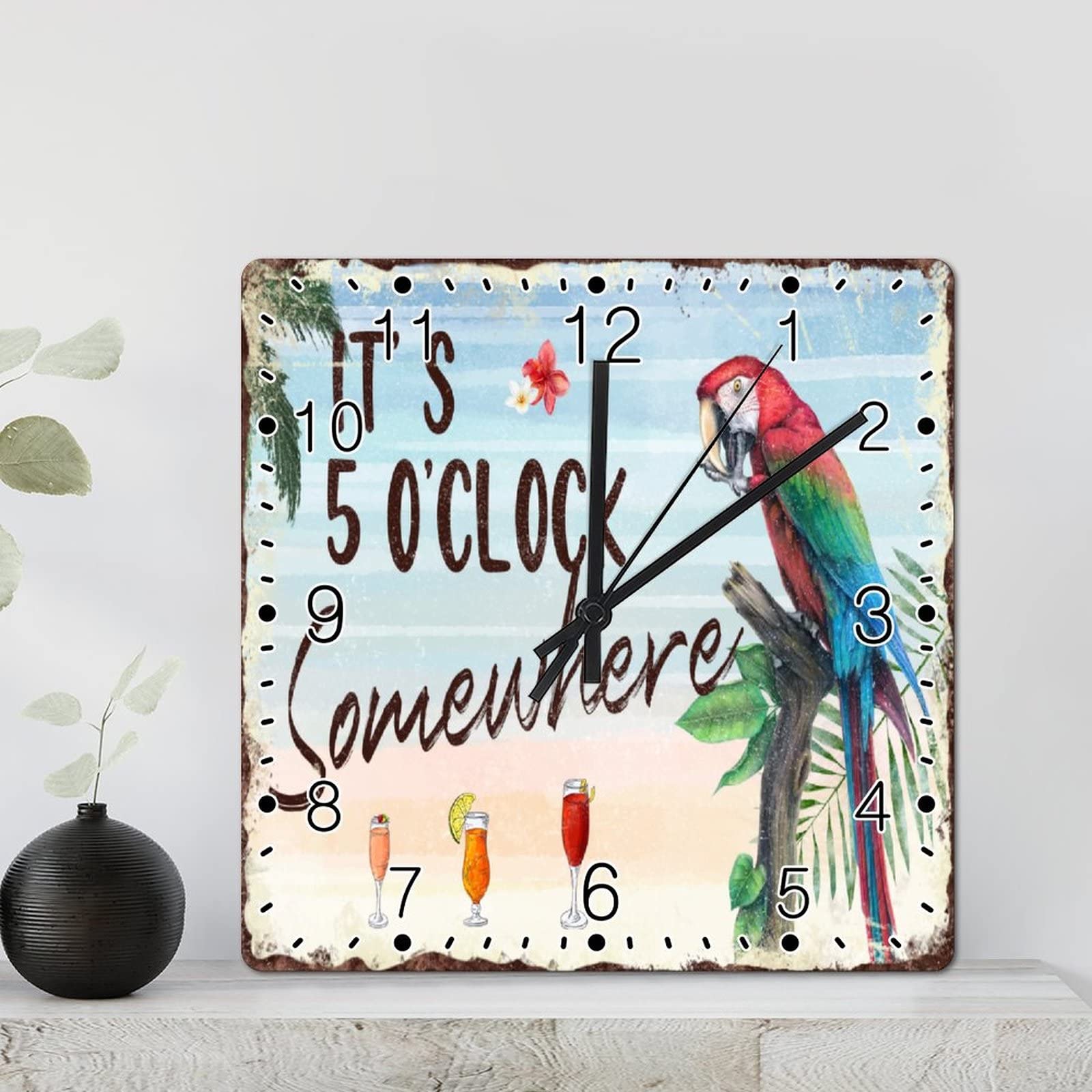 Horloge murale en bois oiseau 30 cm carrée à pile pour salon
