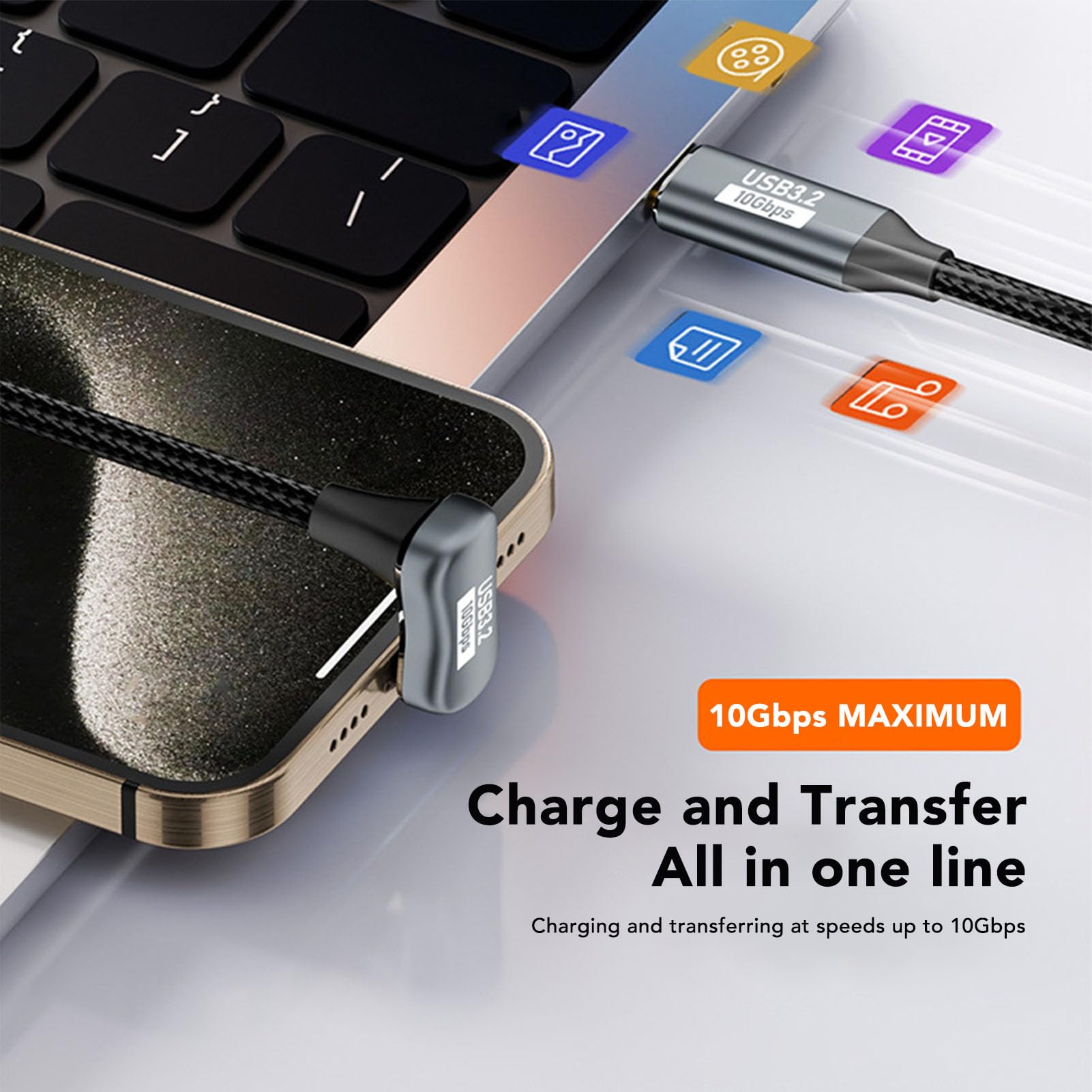 Kabel Przedłużający Typu C, Kabel Danych USB3.2 Gen2 10 Gb/s 4K 60 Hz Kabel Danych Typu C do Typu C Obsługuje Słuchawki z Ekranem Projekcyjnym OTG (50cm)