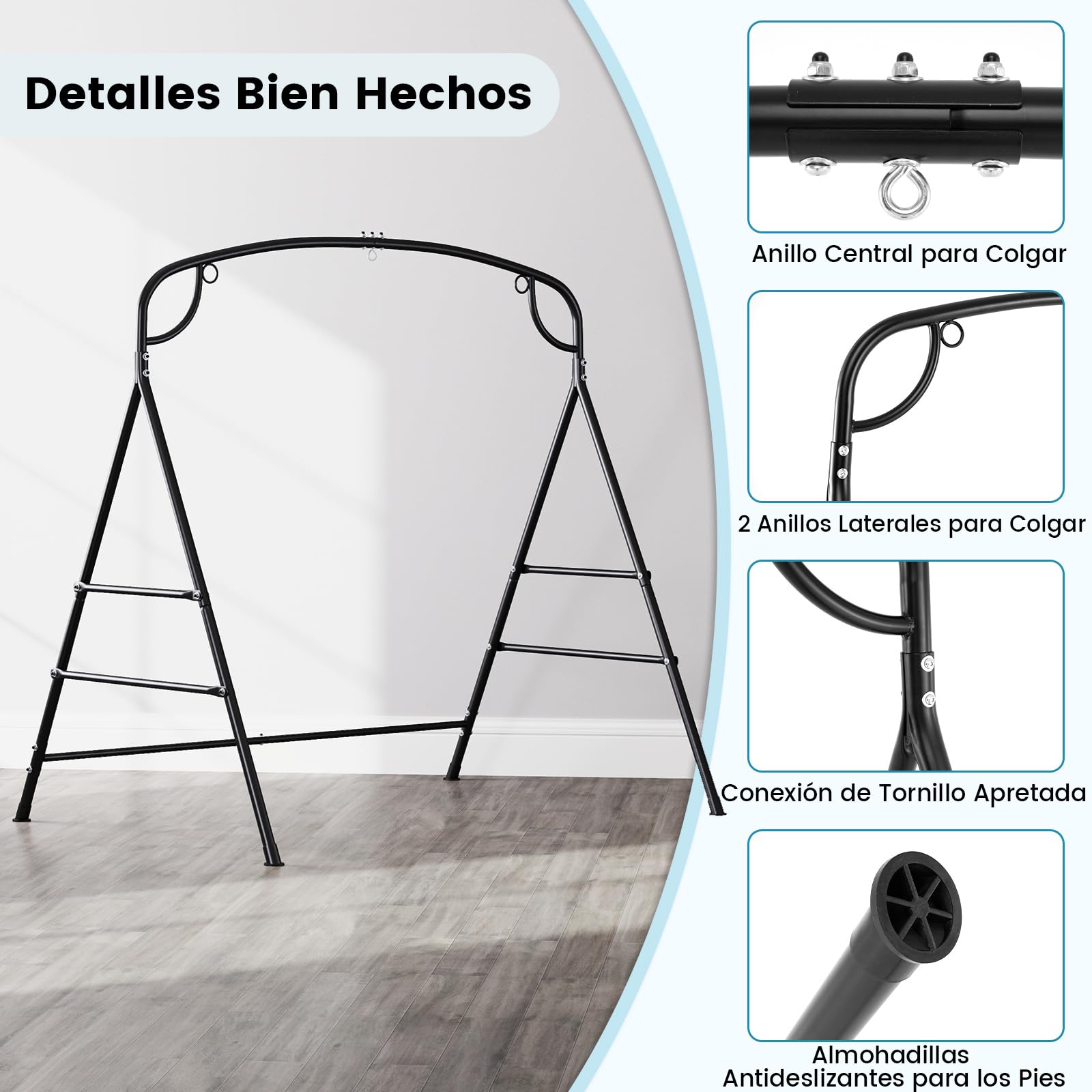 COSTWAY Soporte Hamaca en Forma A, Soporte Columpio de Metal, Carga Máxima de 300 Kg, Soporte Silla Colgante Patio Terraza Balcón Jardín, 180 x 133 x 182 cm (3 Anillos)
