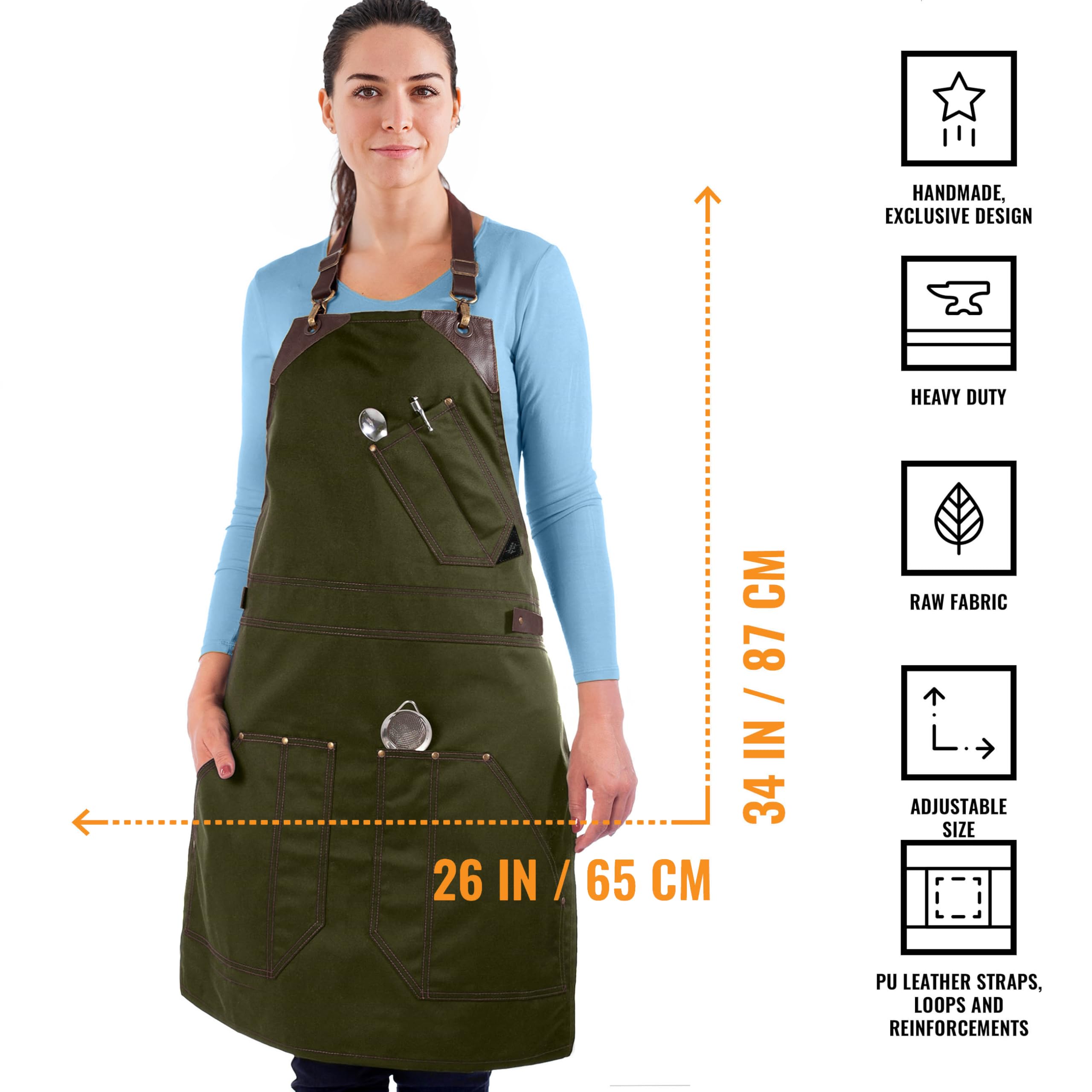 Under NY Sky Barista Apron – Professional Twill – Cinghie in pelle – Doubles as a Bistro Apron, Black and Black Leather