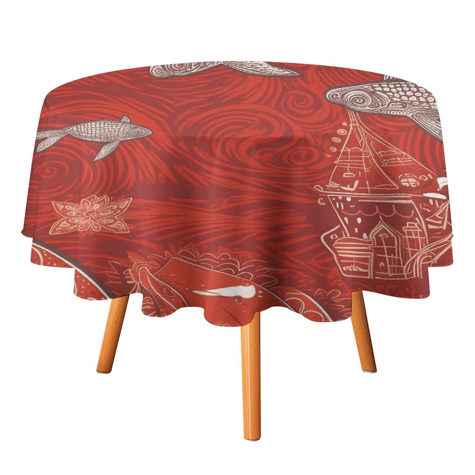 SMAZDFXX Red Sea Animal Tablecloth for Restaurant, Round Polyester Table Cover 50x50in for Party