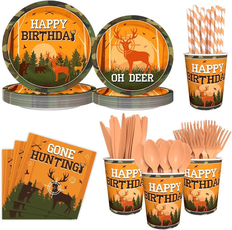 192pcs Hunting Camo Theme Birthday Party Decoration Includes Plates, Cup, Napkin, Tablecloth, Supplies for Baby Shower Oh Deer Hunting Outdoor Camping Picnic Disposable Tableware Decor Serve 24 Guests