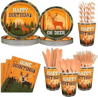 192pcs Hunting Camo Theme Birthday Party Decoration Includes Plates, Cup, Napkin, Tablecloth, Supplies for Baby Shower Oh Deer Hunting Outdoor Camping Picnic Disposable Tableware Decor Serve 24 Guests