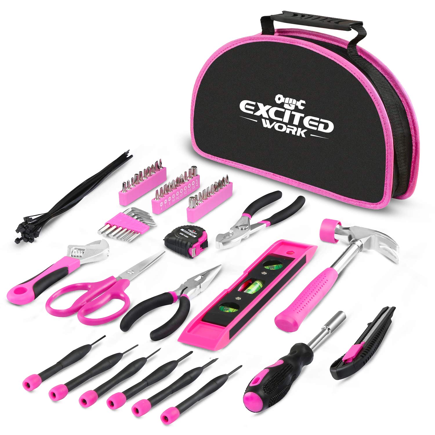 EXCITED WORK 69 Piece Pink Tool kit, Ladies Hand Tool Set with Easy Carrying Round Pouch Household Tool Kit Perfect for DIY, Home Maintenance and Dorm Repair