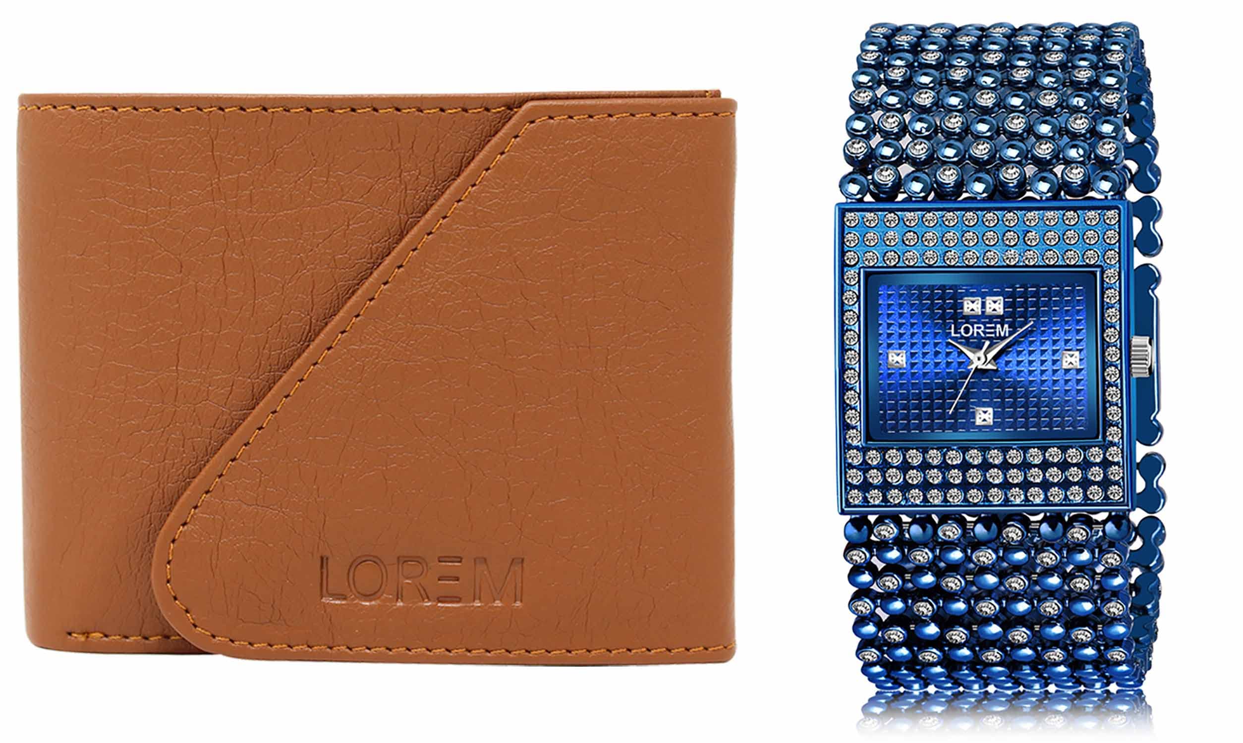 LOREM Tan Color Faux Leather Wallet & Blue Analog Watch Combo for Men & Women | WL01-LR290