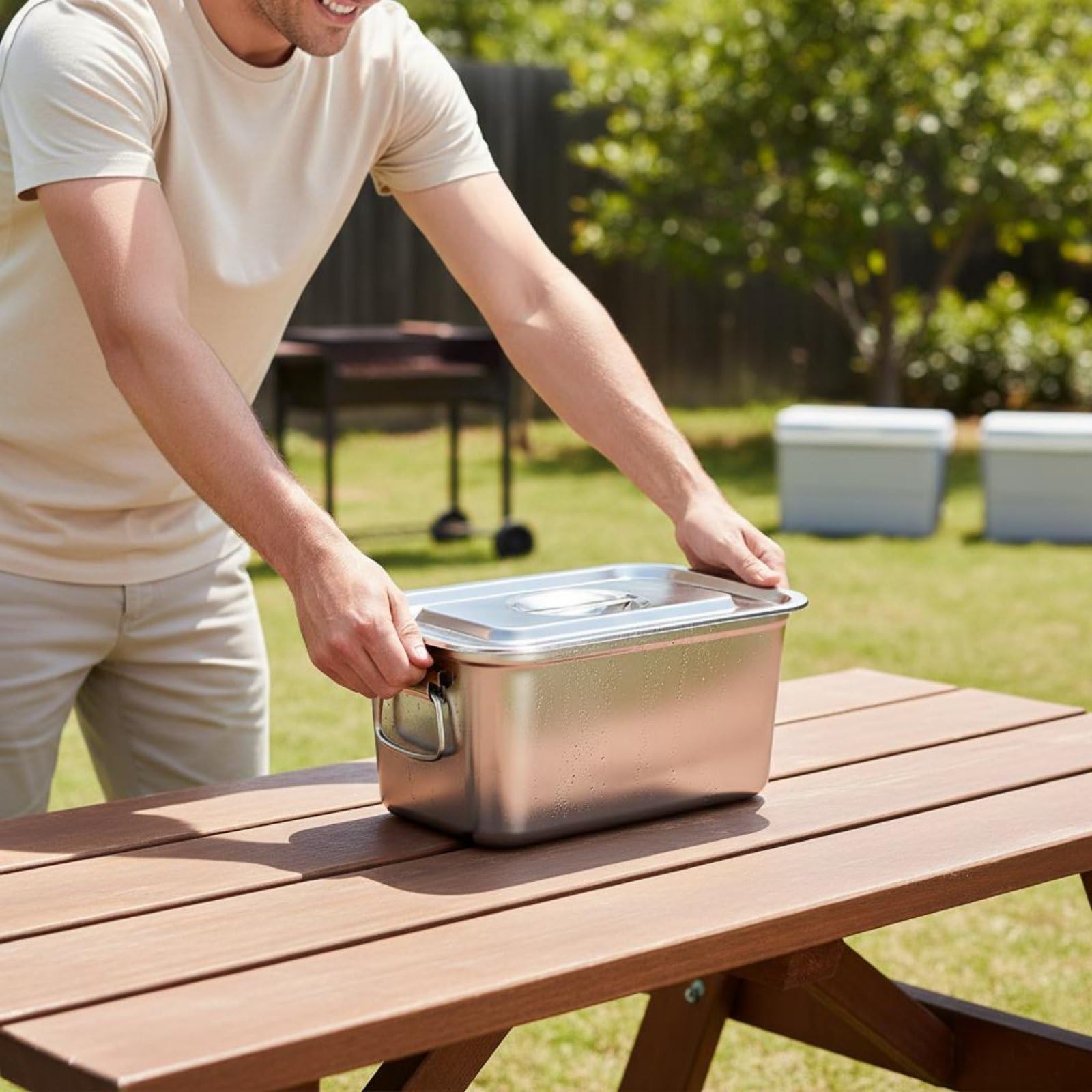 Cubeta de Hielo Cuadrada Metálico Recipiente Acero Inoxidable Depósito para Bebidas para Organización de Barra Apta para Cocina Restaurante Bar Fiesta al Aire Libre, 60x40x20 CM
