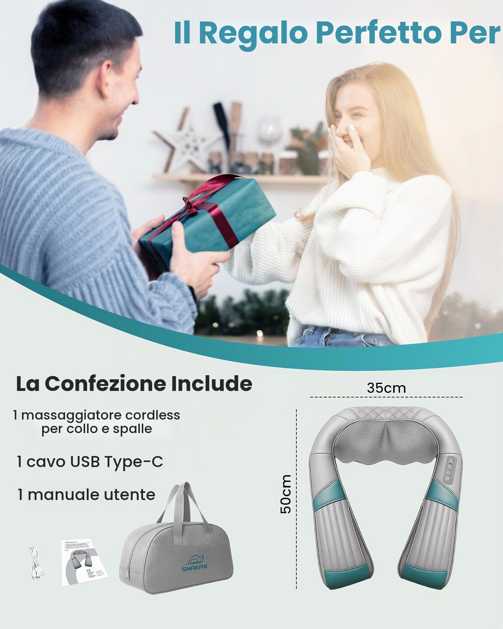 Snailax Massaggiatore cervicale wireless con funzione riscaldante, 4D-Shiatsu con funzione di impastamento, massaggiatore per collo, spalle e schiena, regali per uomini/donne