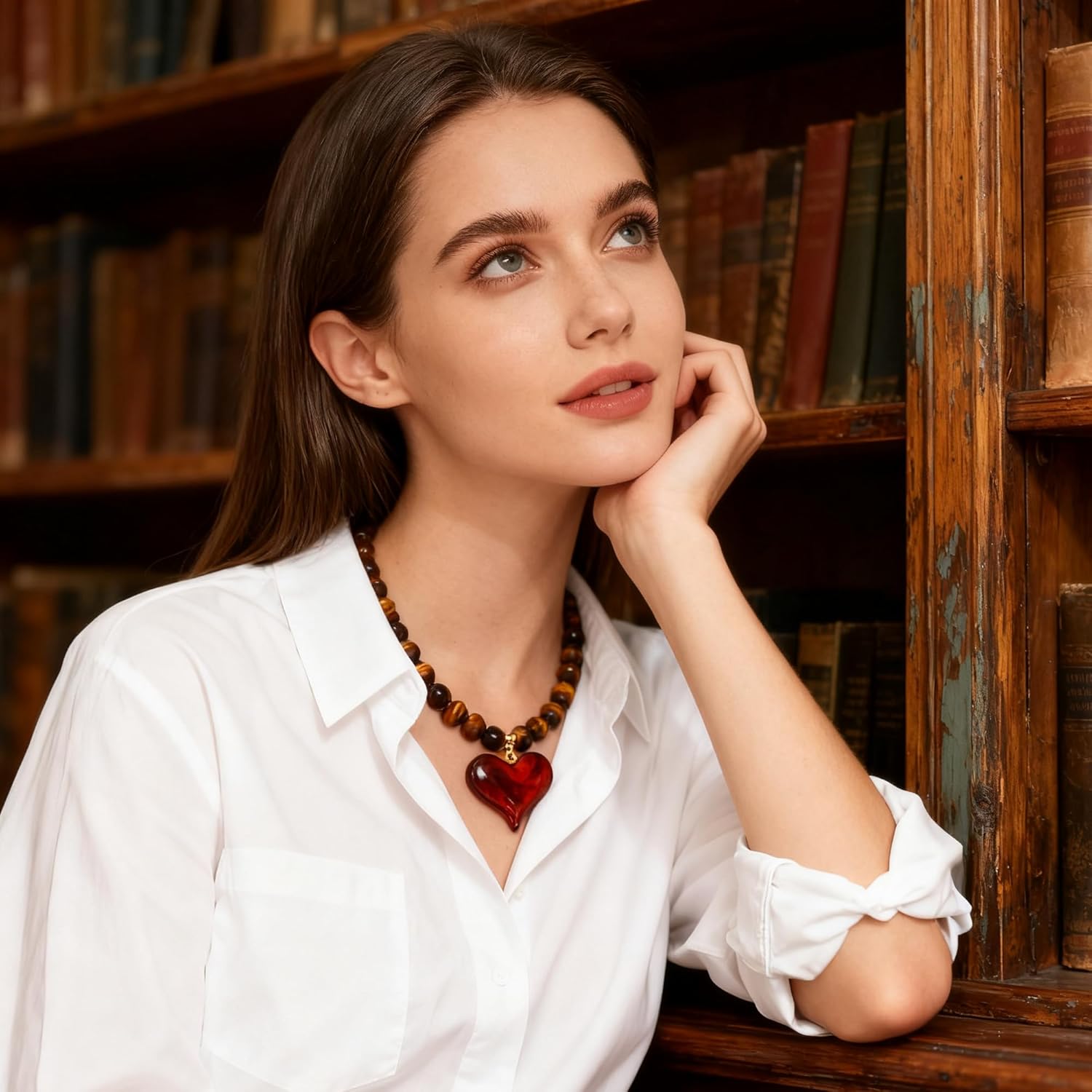 Chunky Stone Beaded Necklace Amber Puffy Resin Heart Pendant Necklace for Women - Tiger Eye Vintage Boho Choker Adjustable Statement Jewelry Gift - Image 4