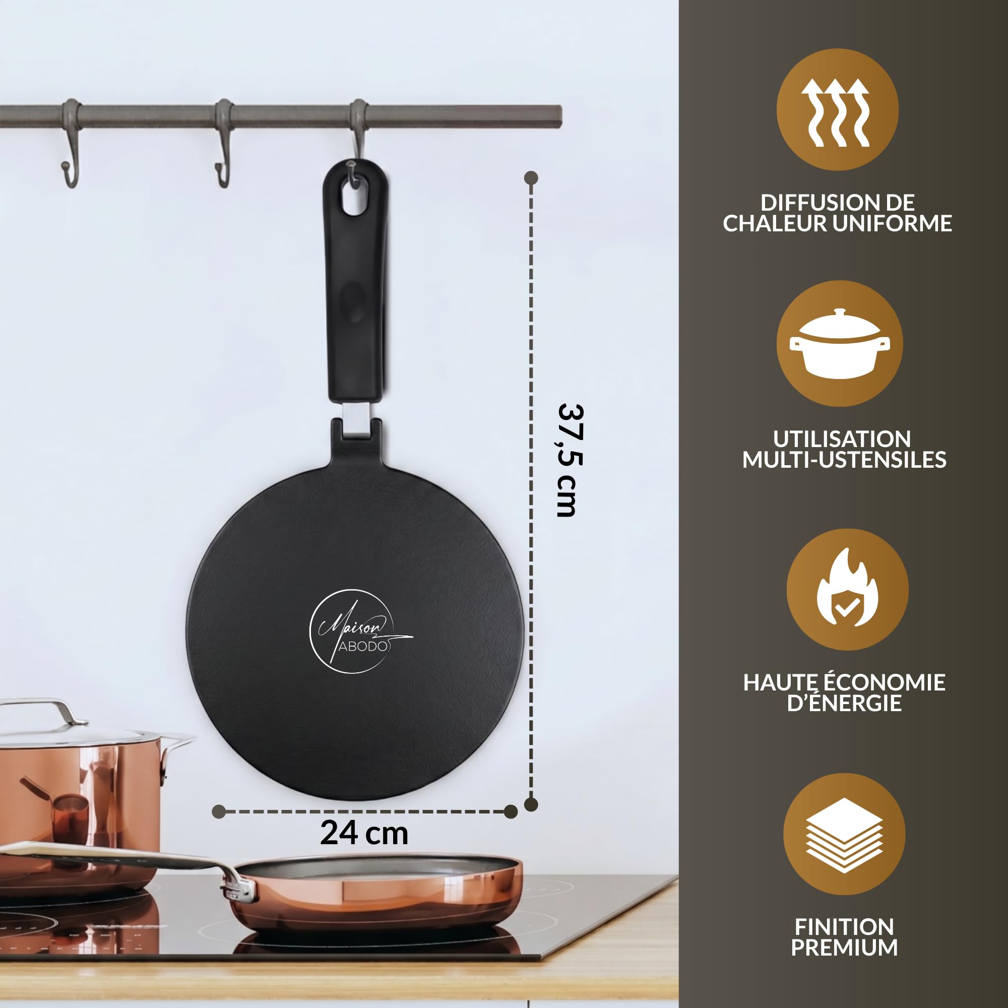 Casa Abodo Placa Adaptador de Inducción 24cm con Mango Extraíble | No Cambie Color | Adaptador Placa Inducción para Ollas Moka, Vidrio & Aluminio sobre Gas y Eléctrico