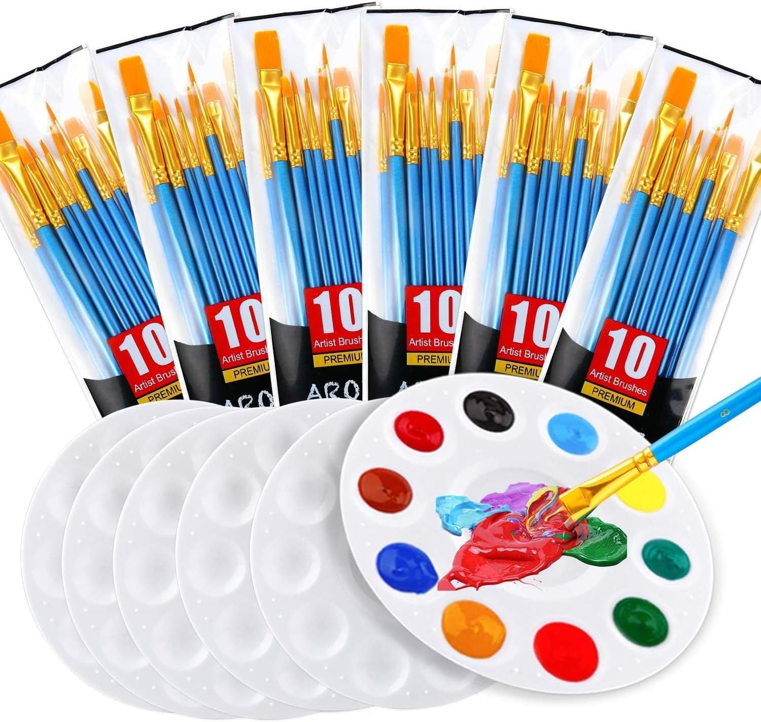 AROIC Painting Brush Palette Set, with 6 Packs of 60 Brushes and 6 Palettes,Nylon Brush Head, Suitable for Oil Watercolor, etc, Perfect Art Painting Set.