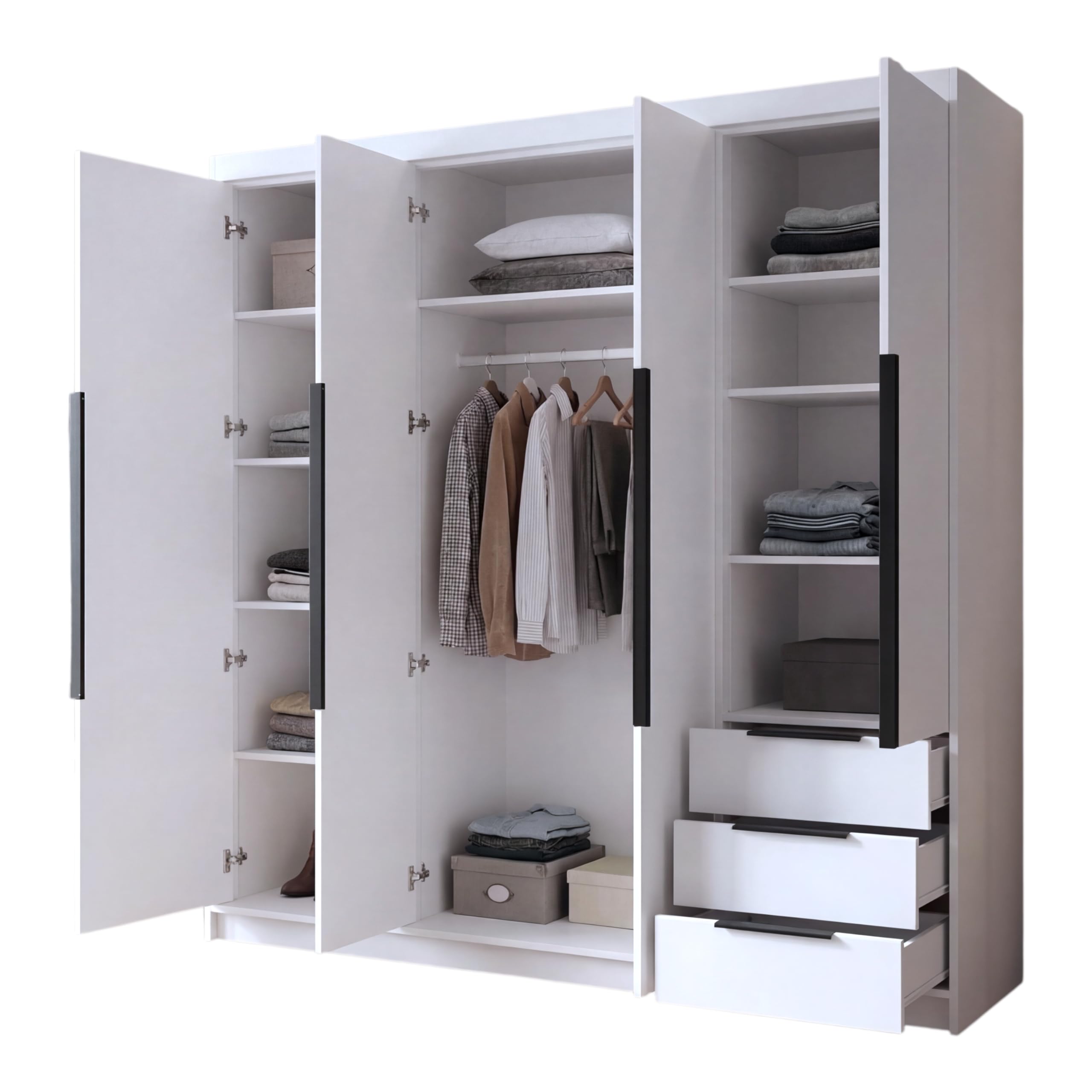 A&J MöbelLand VIVO Kleiderschrank 4-türig mit Spiegel und Schubladen – 200 x 215 cm – Drehtürenschrank mit Kleiderstange und Einlegeböden