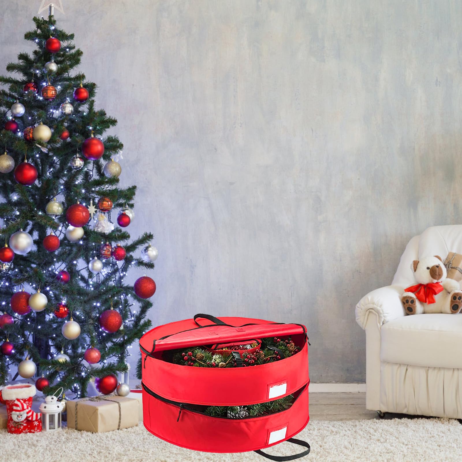 NUOBESTY Weihnachtskranz Aufbewahrungstasche Runder Packbeutel aus 600d Oxford Stoff Doppellagig Rot für Weihnachtskränze und Weihnachtsglocken für Haushalt und Zuhause