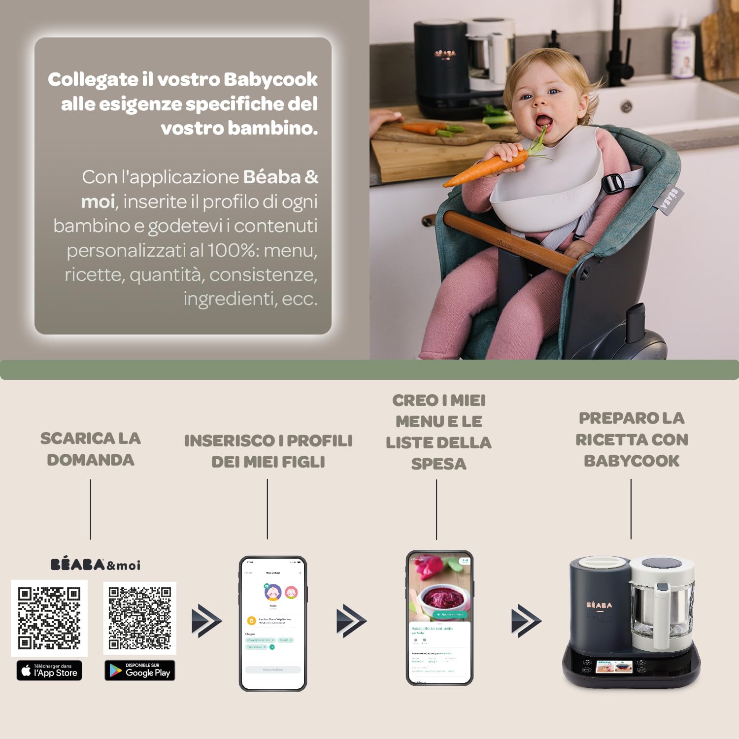 BÉABA BabycookSmart, Cuoci Pappa per Bambini, Bilancia, Ciotola in Vetro, Cestino Acciaio Inox, 2.25 L, Cottura Vapore, Schermo Tattile, Antracite